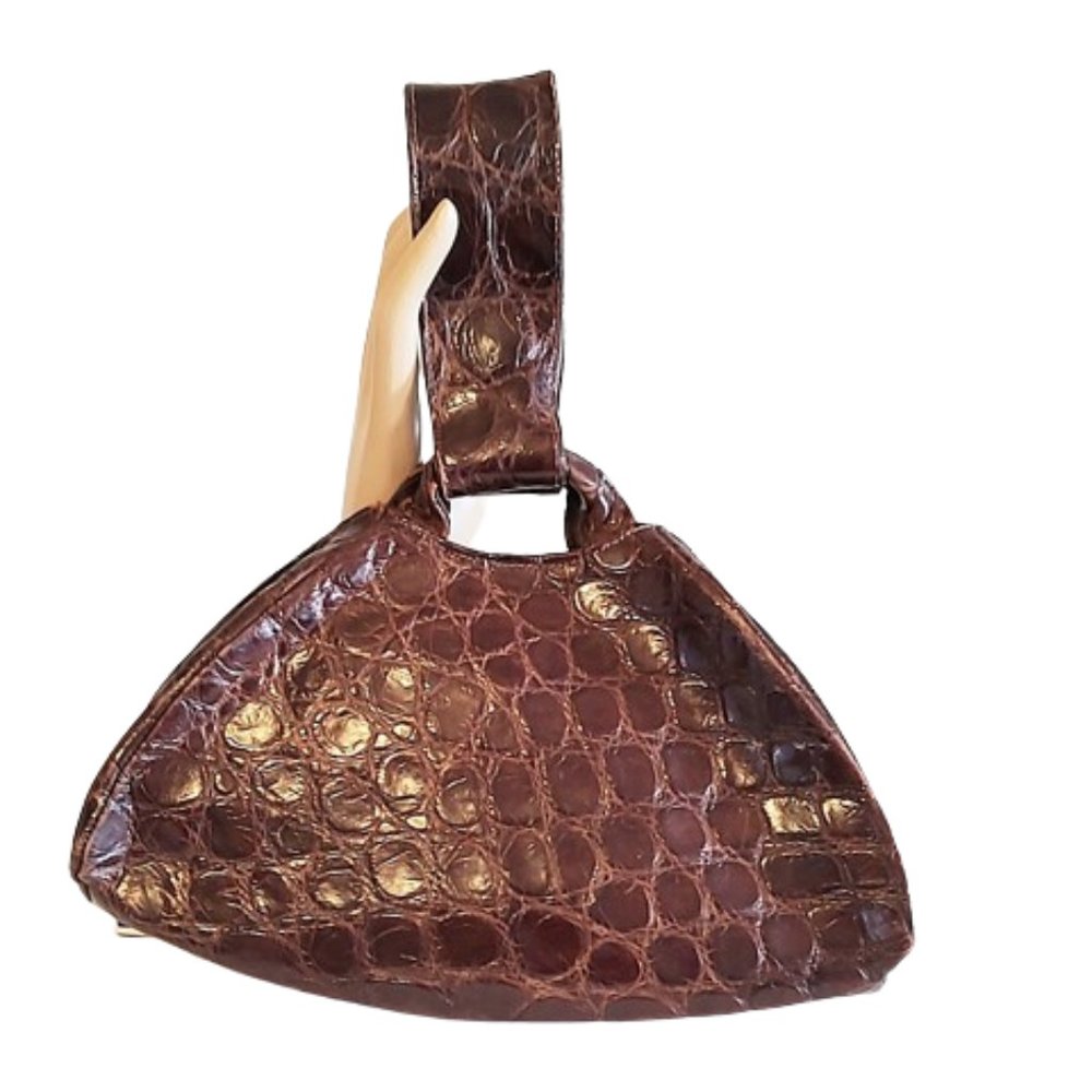 1940s Vintage Dark Brown Genuine Crocodile Small Handbag With A Top Handle